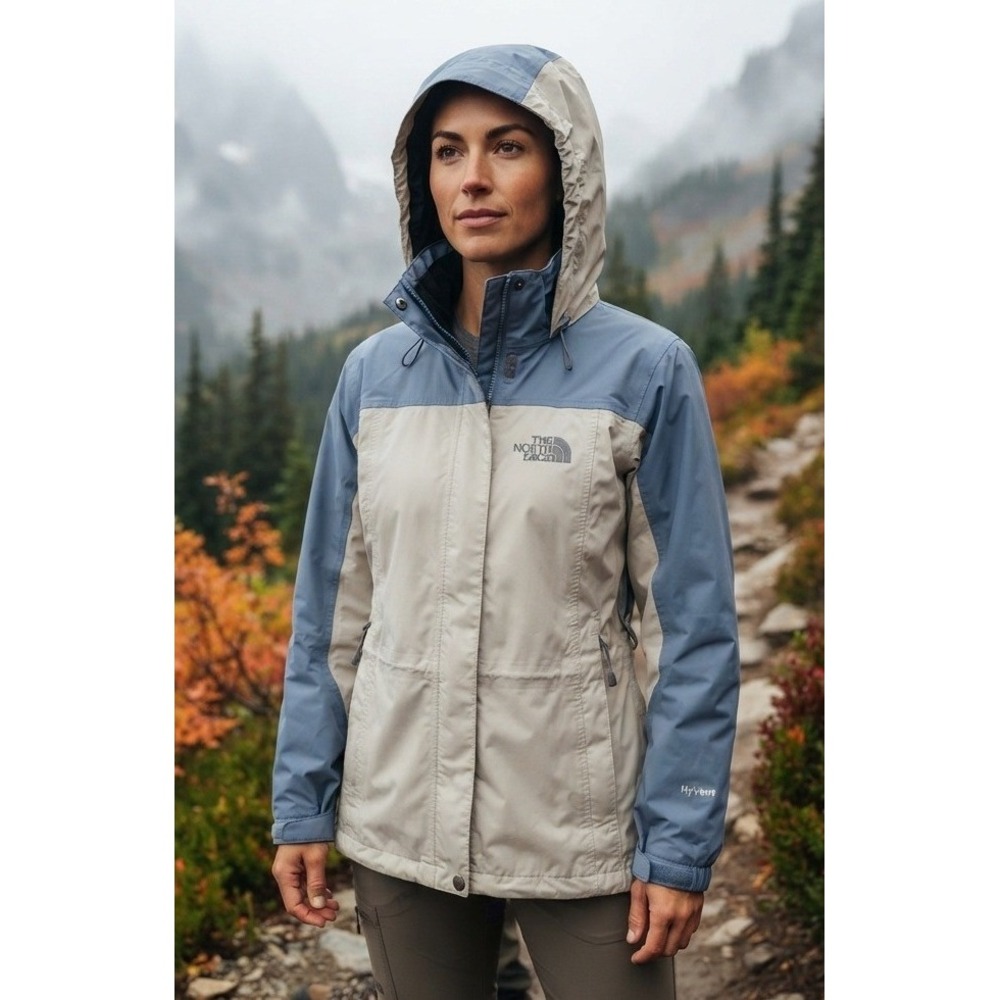 The North Face Packable Rain Jacket HyVent Hooded Womens SP Tan Blue Nylon Parka